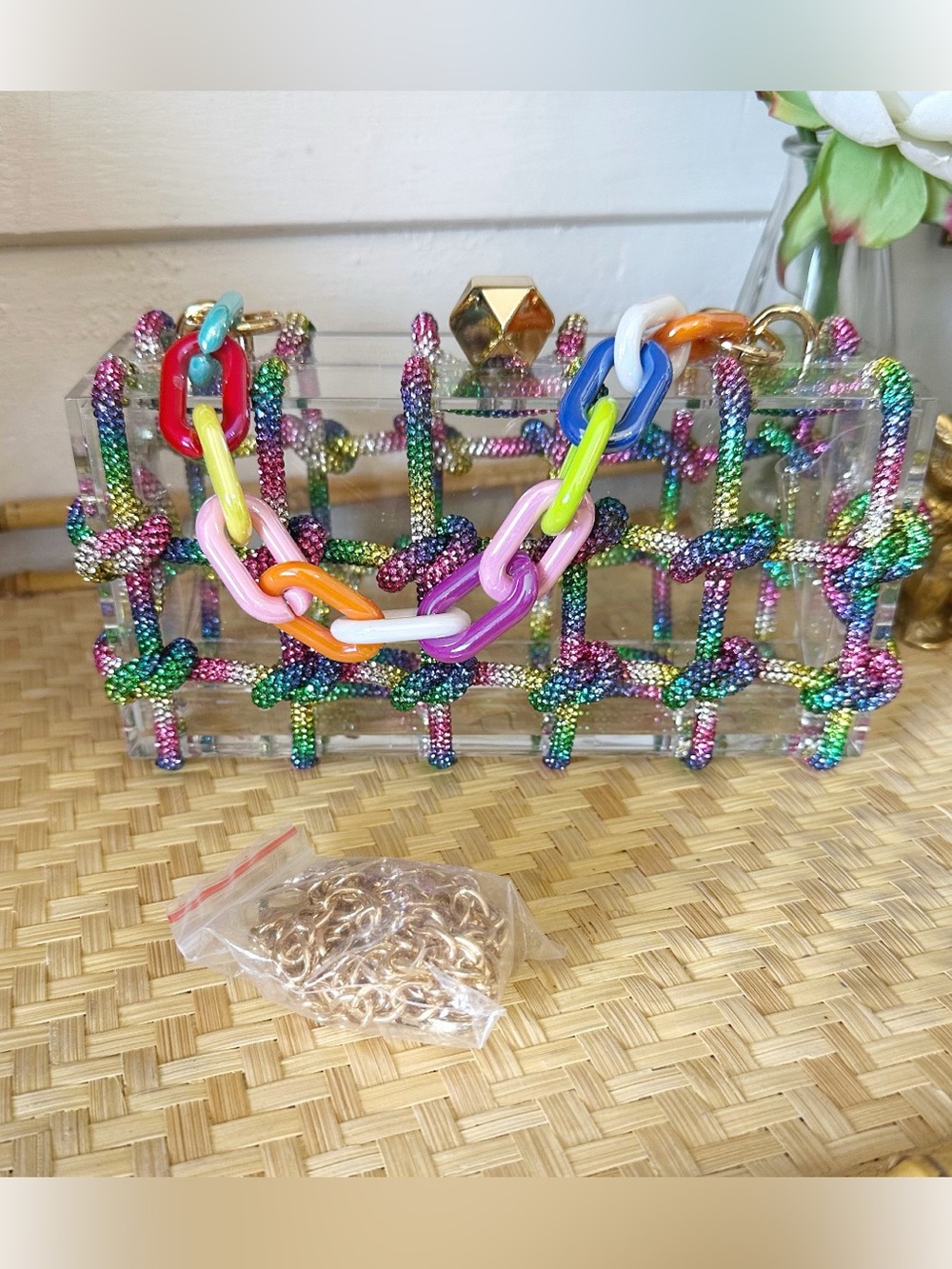 Rhinestone Rope Clear Box Handbag, Comes with 2 straps